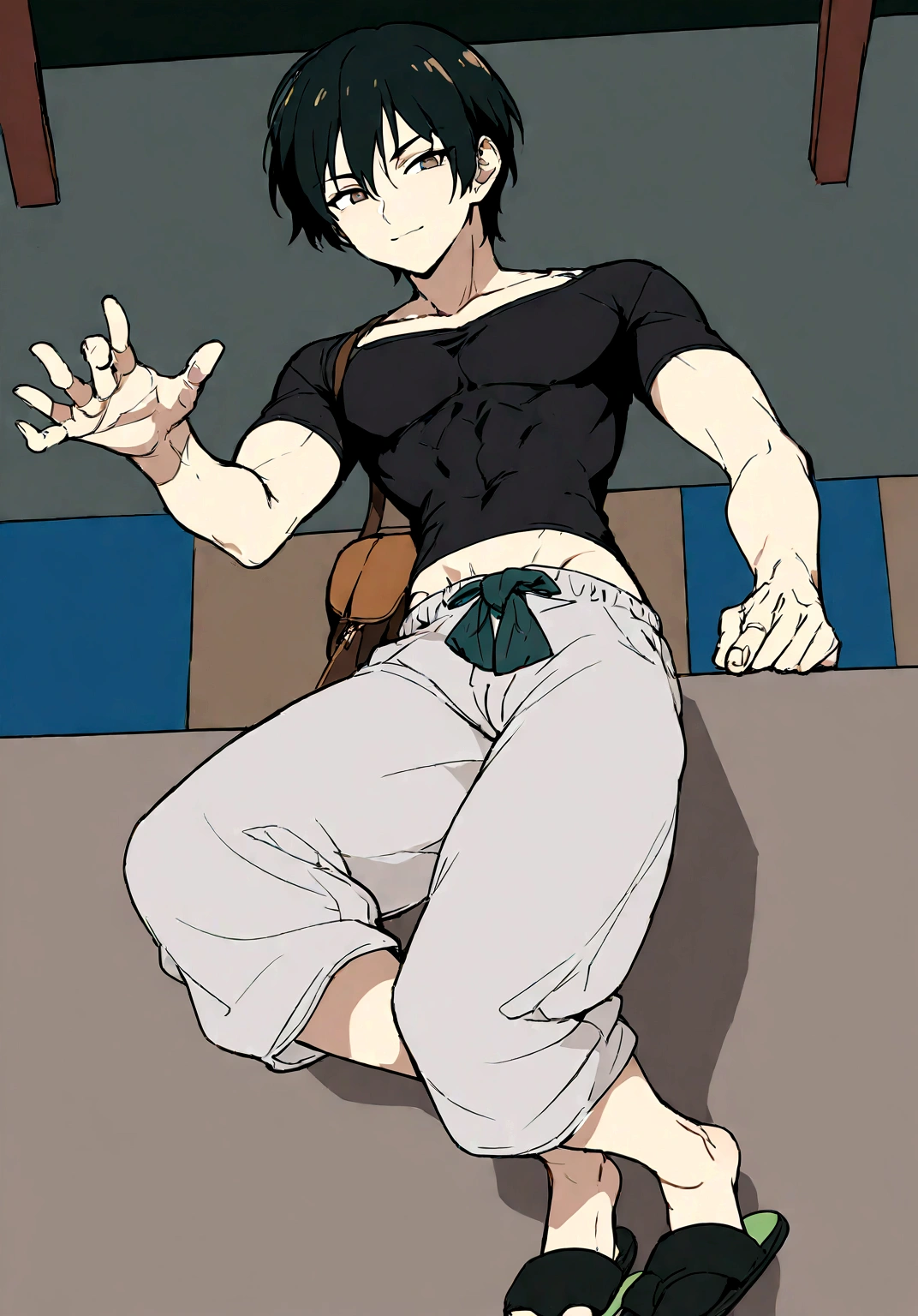 Masterpiece, High quality, High quality of art, best quality, anime lineart, 1man, fluffy brown hair, gray-green-brown eyes, Skinny, white Hawaiian shirt, light lime t-shirt, white shorts, dark green slippers, black shoulder bag