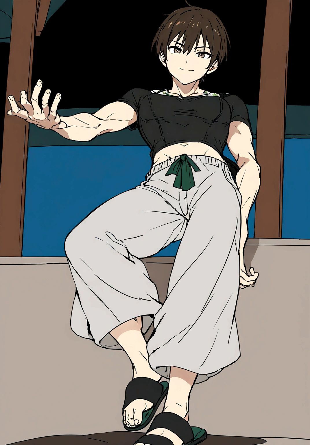 Masterpiece, High quality, High quality of art, best quality, anime lineart, 1man, fluffy brown hair, gray-green-brown eyes, Skinny, white Hawaiian shirt, light lime t-shirt, white shorts, dark green slippers, black shoulder bag