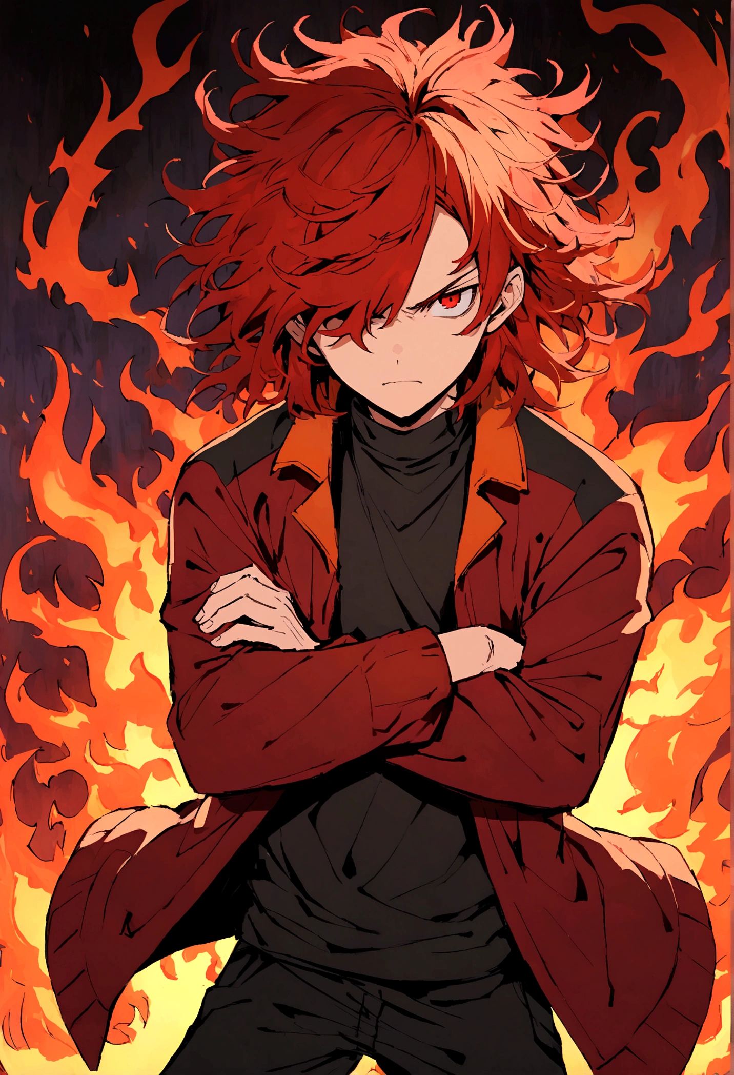  boy, crossed arms, Messy hair, Medium length hair, hair with bangs covering the left eye, multicolored orange and red hair, serious face, dark red eyes, black jersey, dark red loose jacket. Wide black pants, black and red sneakers, aura of flames around the character