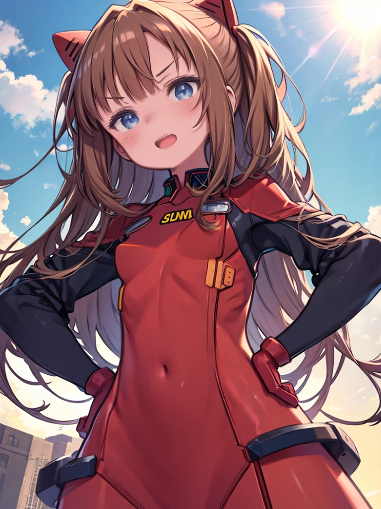 Brown-haired girl、long hair、Medium chest、Blue Eyes、Pilot Suit、Plug Suit、Clothes that fit the body、Red clothes、sun、blue sky、Asuka Langley、Angle from below、、Watching the audience、Upper Body、smug face、Open your mouth、V-shaped eyebrows、Place hands on hips、Pointing at the audience、