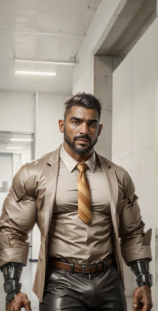 1boy, European, solo, facial hair,34 yrs old, dom, male focus, bara, muscular, mature male, muscular male, beard, short hair, thick eyebrows, brown-skinned male, thighs, fancy suit, dark skin, tie, tight black t-shirt, tight pants, open leather jacket mixed with kevlar fabric, tie, Batmancore,cybernetic uniform, teacher suit, cowboy shot, teacher uniform, feet out of frame, thick thighs, looking at viewer, masterpiece, 4k, high quality, highres, absurdres,