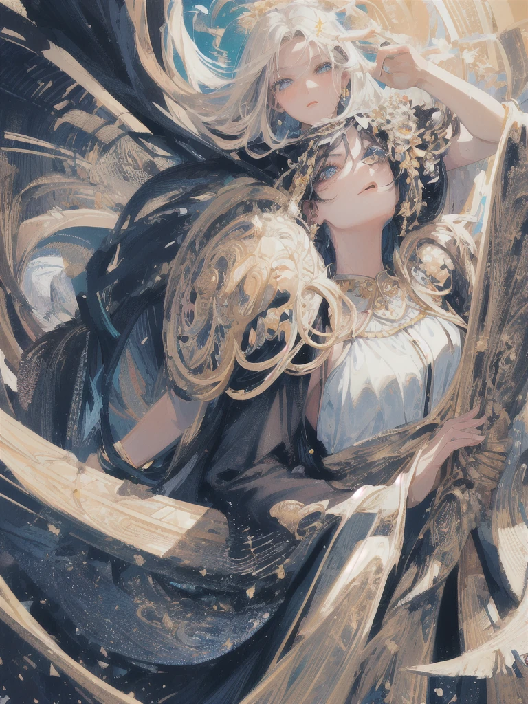 ((masterpiece, highest quality, Super detailed, High resolution)), alone, beautiful girl, shining eyes, perfect eyes, , black white gold theme,
