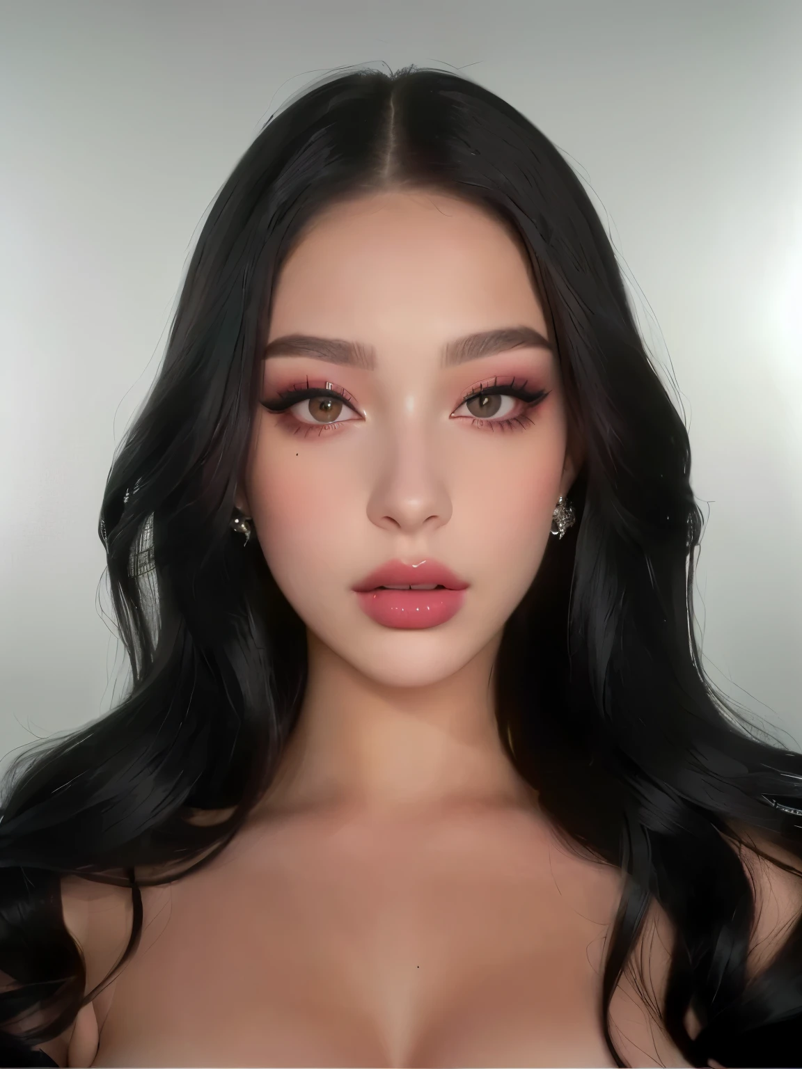 a woman with long black hair and a pink lipstick, sexy face with full makeup, portrait sophie mudd, sultry look, 18 years old, with professional makeup, kailee mandel, dark hair and makeup, flawless face, violet myers, perfect face ), bella poarch, full face close up portrait, 1 6 years old, jaw-dropping beauty