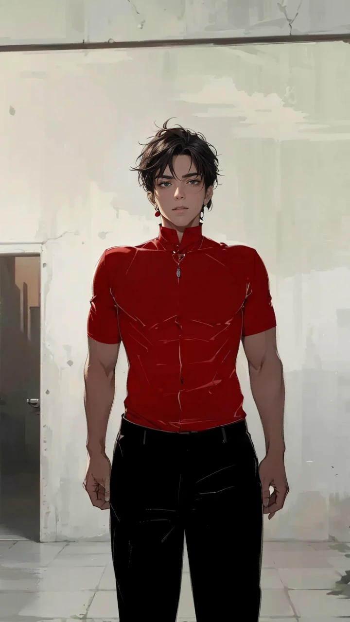 (masterpiece, best quality, highres, ultra-detailed), 1man, male focus, red and black hair, full white eyes, handsome, detailed eyes and face, male body, earrings, ear piercing,  unbuttoned black blazer, red shirt, trousers, bare collarbones, chain necklace, city slums background, by amano akira, full body, cigarette, cigarette , no expresion guy, masterpiece