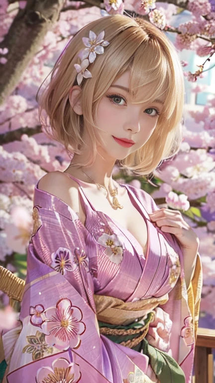 the same,
One Woman,
Golden Hair,
(Short Hair.05),Ashime,straight,
((Flower Hair Ornaments)),Purple Necklace,
Natural skin texture,Big boobs,Narrow waist,
Pink Lipstick,
kimono,Hydrangea pattern,
Big Bridge,Cherry blossom trees,Summer Scenery,Dancing cherry blossoms,
Slightly larger breasts,expression(Puzzled),Resolute attitude,
Closed Mouth,blush,True Face,upright posture,Squint your eyes,
Natural depiction,
Beautiful depiction,
Shiny eyes,
Healthy Body,
Natural hairstyle,
Natural body contours,
Natural facial contours,
Five fingers,Two arms,Two legs,
Sharp eyelid depiction,
Keep the subject in the center,
Beautiful image quality,Delicate shades,4K,Very detailed,Delicate light adjustment,Delicate contour drawing,