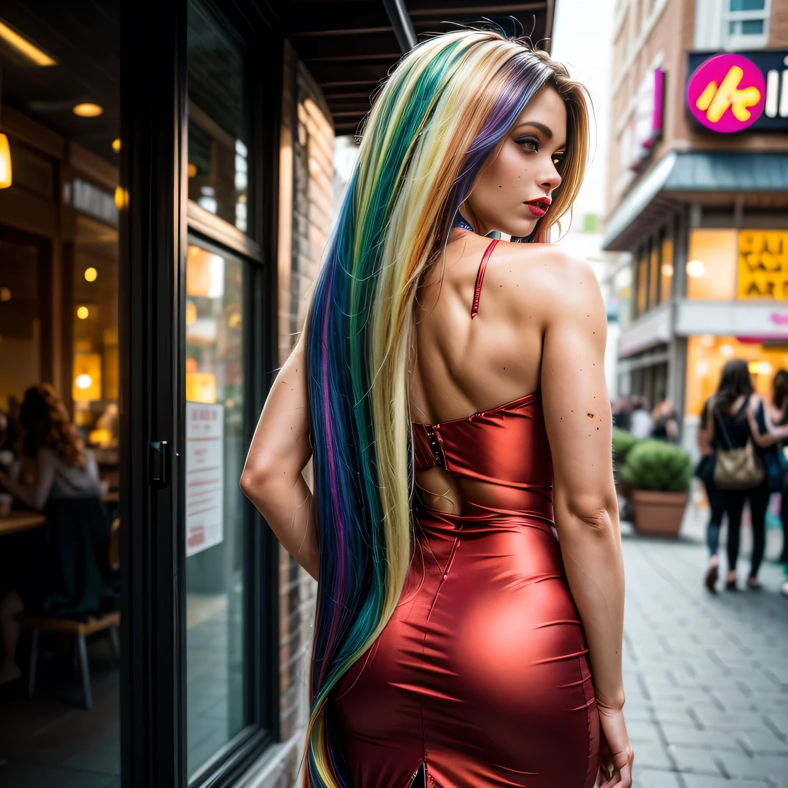 (masterpiece, photorealistic:1.4, extremely intricate:1.3, radiosity, photon mapping, dtx), ((20 year old athletic teenage supermodel, (serious, long eyelashes, makeup:1.2), red silk summer dress, ((from behind, rear view)), red lips)), ((([skin detail:freckles:0.5], portrait))), outdoor, crowded street, restaurant, coffee, professional photograph, (((long curly [blonde hair:rainbow colored hair:0.1])), wind), BREAK ((sunset, ((film grain))), bokeh), BREAK, ((([medium breasts:large breasts:0.7])))