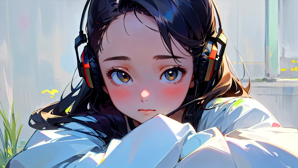 (Highest quality, masterpiece, Ultra-realistic), Beautiful and delicate15Year-old girl portrait, With a calm and gentle expression, The background is a quiet street in the evening.。While listening to music with headphones、Looking at me。