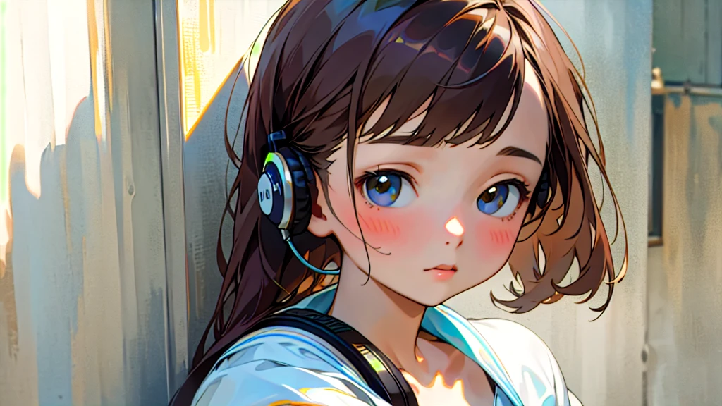 (Highest quality, masterpiece, Ultra-realistic), Beautiful and delicate15Year-old girl portrait, With a calm and gentle expression, The background is a quiet street in the evening.。While listening to music with headphones、Looking at me。