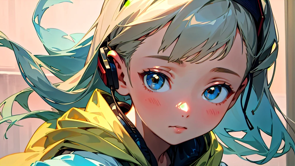 (Highest quality, masterpiece, Ultra-realistic), Beautiful and delicate15Year-old girl portrait, With a calm and gentle expression, The background is a quiet street in the evening.。While listening to music with headphones、Looking at me。