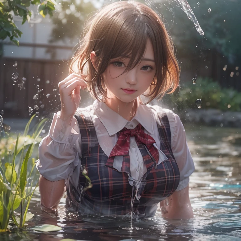 Woman in playing with water in backyard, ((fully school clothed)), short tinted hair in a bob, , bright sunshine, summery palette, playful, gentle smile, clothes made of water, photorealistic, dripping wet, beautiful realistic photo, hyperrealistic fantasy photo, close up, narrow depth of field, 8k, ((drenched)), ((soaked)), (dripping water), dripping oil, heavy clothes, soaked in oil, medium breasts, lawn, wet all over, wet dripping hair, varied poses, in a pond , skirt dark red , plaid skirt , pleated skirt , Tight shirt , white Shirt , school girl , red knot , red bow , school , skirt is adjacent to the chest , big breasts , big tits