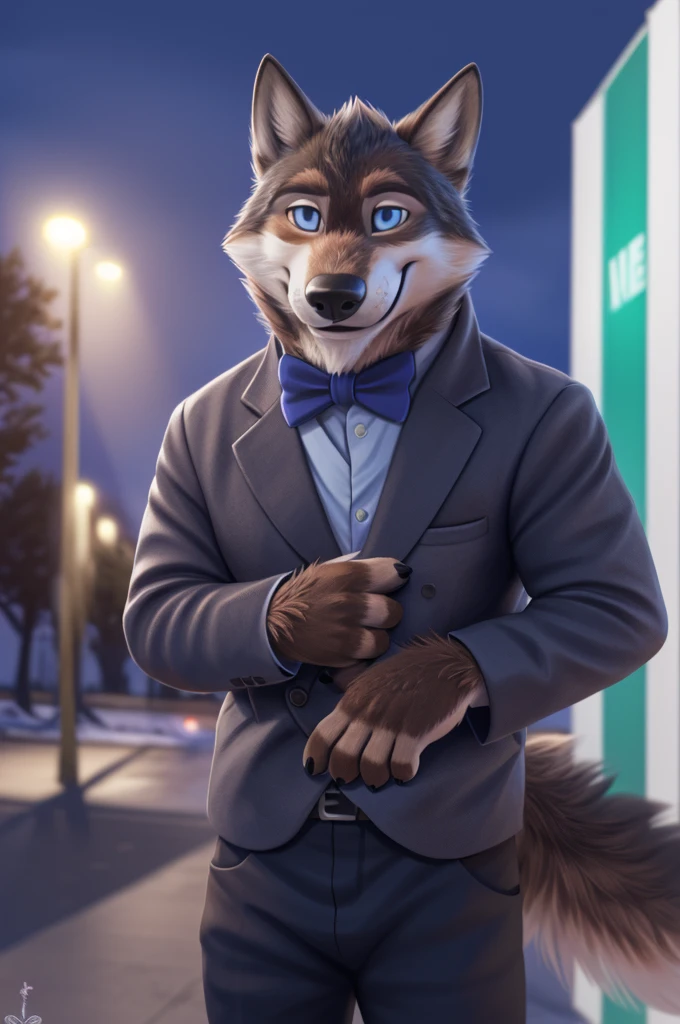 Larry (Zveropolis), wolf, Gray Fur, (brown body:1.3), beautiful blue eyes, Zveropolis, dressed,blazer,shirt bow tie,trousers, canine,wolf, detailed fur, male, second, paw pads, finger claws, viewer, 5 fingers, paws, 4 toes,holds, times, close to the camera,
BREAK from nextel, for dating, by xenoforge, (difficult, high detail,digital photography, soft focus, RAW, close to the camera, smile, positive, Good, mood, Houses, смотрит на viewer, очень close to the camera, goes on a date,
Photorealism, realistic, photorealistic,digital style, Subsurface scattering,очень close to the camera кольцо на пальце руки,father of his daughter,
masterpiece, Best quality, ultra realistic, 8 thousand.)