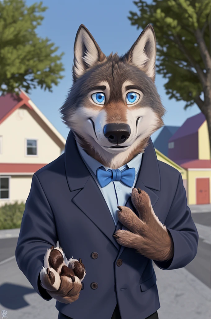 Larry (Zveropolis), wolf, Gray Fur, (brown body:1.3), beautiful blue eyes, Zveropolis, dressed,blazer,shirt bow tie,trousers, canine,wolf, detailed fur, male, second, paw pads, finger claws, viewer, 5 fingers, paws, 4 toes,holds, times, close to the camera,
BREAK from nextel, for dating, by xenoforge, (difficult, high detail,digital photography, soft focus, RAW, close to the camera, smile, positive, Good, mood, Houses, смотрит на viewer, очень close to the camera, goes on a date,
Photorealism, realistic, photorealistic,digital style, Subsurface scattering,очень close to the camera кольцо на пальце руки,father of his daughter,
masterpiece, Best quality, ultra realistic, 8 thousand.)
