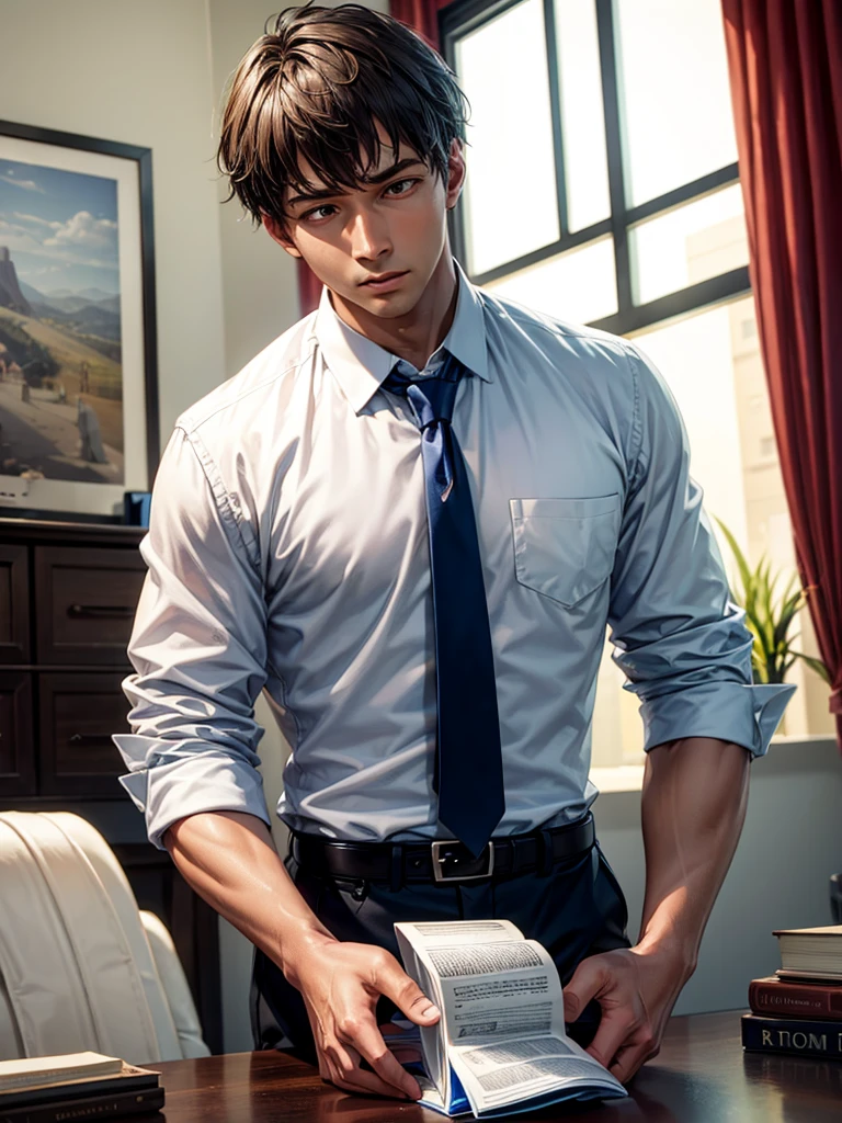 Highest quality,Highest Resolution,Man tying a tie,indoor,