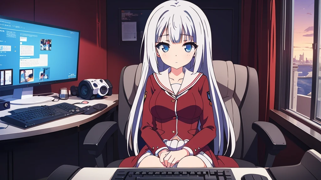 1 beautiful girl, great image quality with lots of detail, ray tracing, in a navy sailor , long stockings, blue eyes, white hair, , in a neon room, PC gaming, perfect anatomy,
