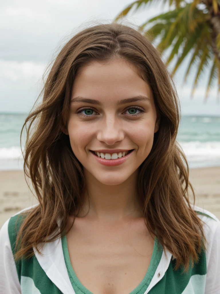light brown girl, green eyes at natural beach, photo lifestyle, smiling,