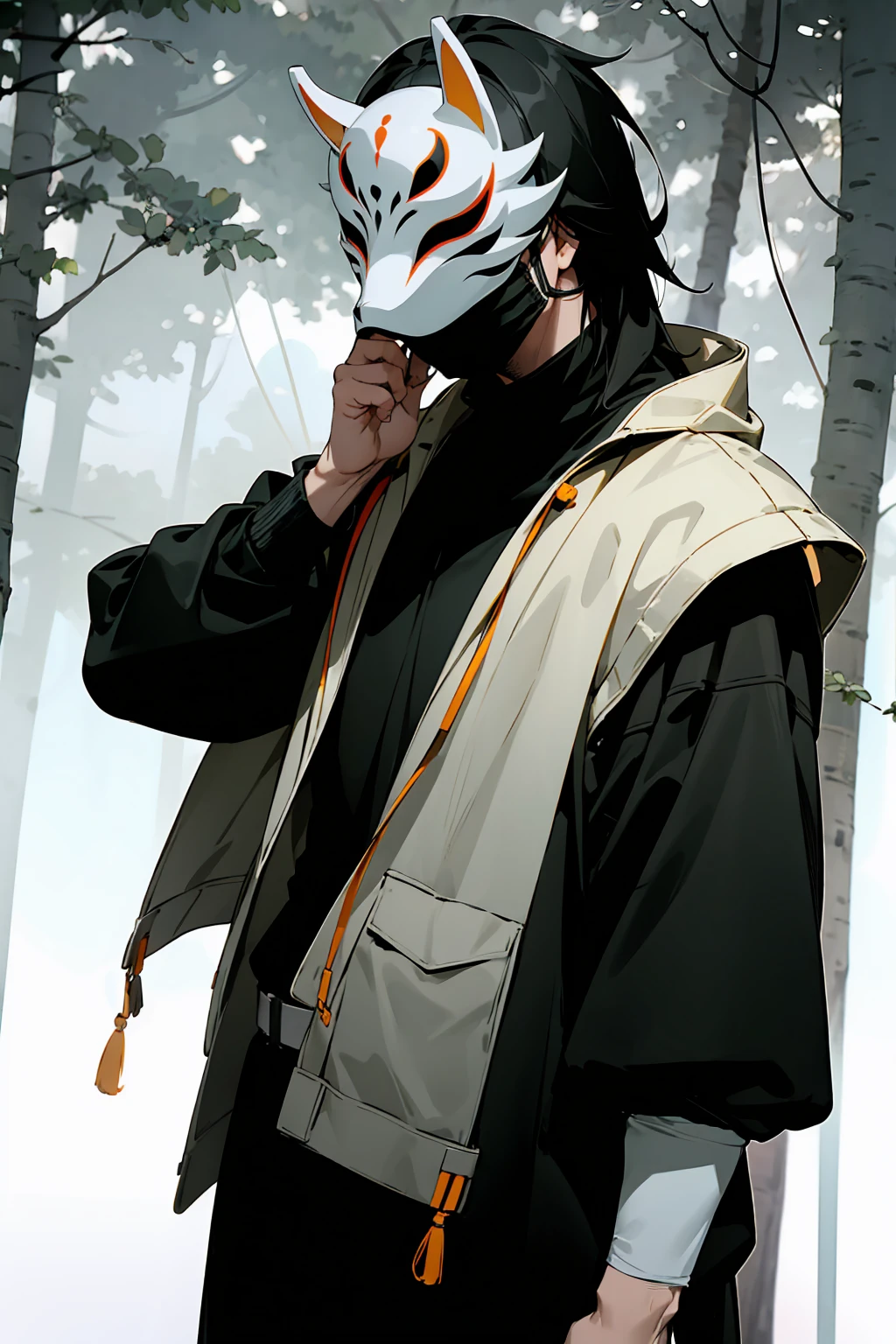 1male , Black Hair , Black Eyes , Serious Expression,  Male , Black Longsleeve Shirt, Fitted Clothing , Black Turtleneck , Bright Lightning , Forest Background , Standing on path , Mask , Mask Worn on Face