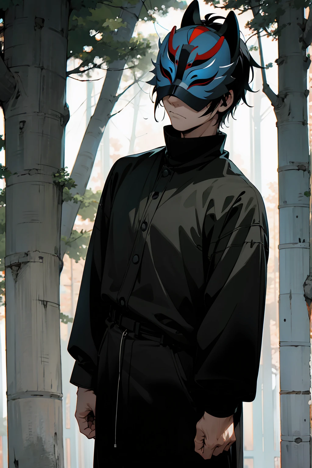 1male , Black Hair , Black Eyes , Serious Expression,  Male , Black Longsleeve Shirt, Fitted Clothing , Black Turtleneck , Bright Lightning , Forest Background , Standing on path , Mask , Mask Worn on Face