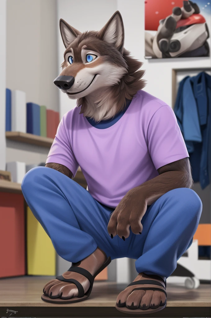 Larry (Zveropolis), wolf, Gray Fur, (brown body:1.3), beautiful blue eyes, Zveropolis, dressed, t-shirt,trousers,women&#39;s sandals with thick soles, observant,wolf, detailed fur, male, second, paw pads, finger claws, viewer, 5 fingers, paws, 4 toes,holding sandals, 
BREAK from nextel, for dating, by xenoforge, (difficult, high detail,digital photography, soft focus, RAW, close to the camera, smile, positive, Good, mood, Houses, смотрит на viewer, очень close to the camera, in the shop,sandals sit on straps, 
Photorealism, realistic, photorealistic,digital style, Subsurface scattering,очень close to the camera кольцо на пальце руки, 
masterpiece, Best quality, ultra realistic, 8 thousand.)