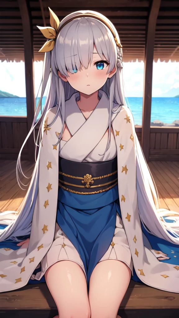 blue sky、beach,Full Body、(Five fingertips),highest quality, 4K, (High resolution:1.3), masterpiece: 1.2, Super detailed, HDR, Studio Lighting, Sharp Focus, Bright colors, Portrait, Warm tones, Soft Lighting,anastasia, blue eyes, grey hair, hair between eyes, (hair over one eye:1.5), long hair, bangs,blue cloak, brown hairband, cloak, dress, fur trim, hairband, royal robe, sash, tachi-e, white dress, wide sleeves,