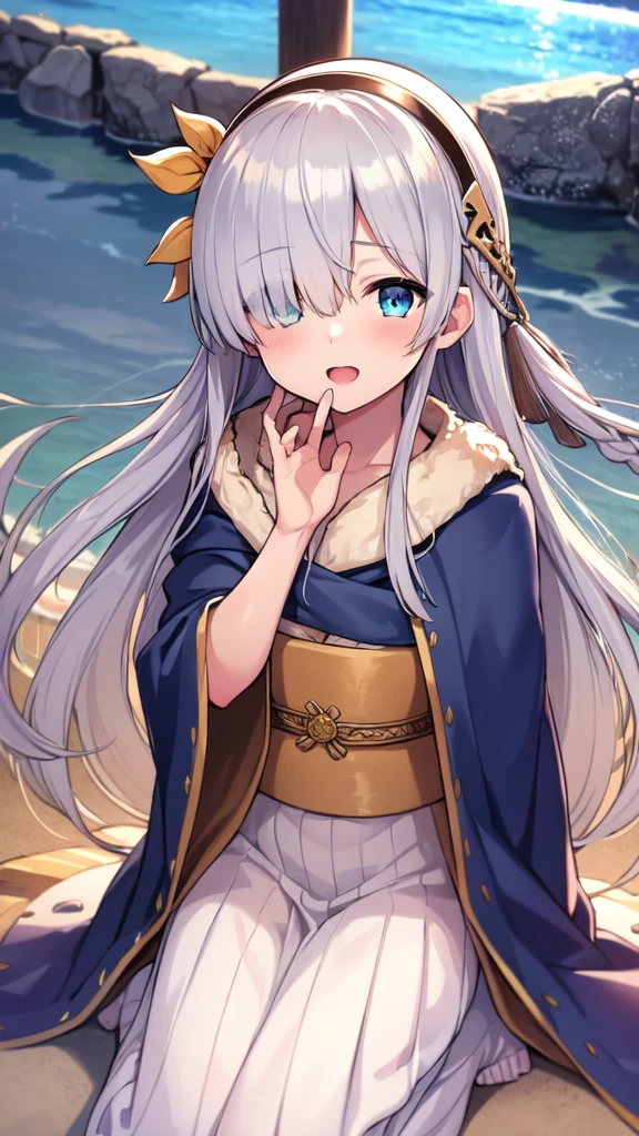 blue sky、beach,Full Body、(Five fingertips),highest quality, 4K, (High resolution:1.3), masterpiece: 1.2, Super detailed, HDR, Studio Lighting, Sharp Focus, Bright colors, Portrait, Warm tones, Soft Lighting,anastasia, blue eyes, grey hair, hair between eyes, (hair over one eye:1.5), long hair, bangs,blue cloak, brown hairband, cloak, dress, fur trim, hairband, royal robe, sash, tachi-e, white dress, wide sleeves,