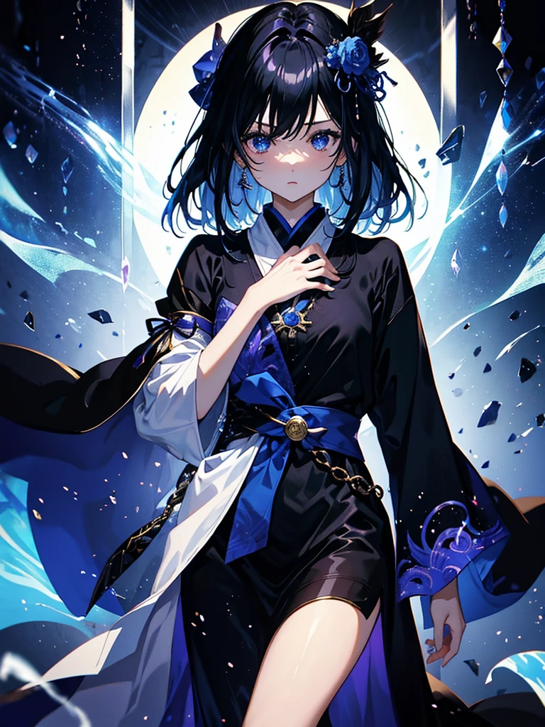 セクシーなドレスを着ています、エッチです、25-year-old girl、Rune background、black magician、Wearing a black robe、mesmerize、cute woman、Elegant hairstyle、indigo hair color、Slightly shorter hair、blue eyes、look at the viewer、masterpiece、Best image、