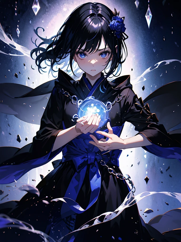 セクシーなドレスを着ています、エッチです、25-year-old girl、Rune background、black magician、Wearing a black robe、mesmerize、cute woman、Elegant hairstyle、indigo hair color、Slightly shorter hair、blue eyes、look at the viewer、masterpiece、Best image、