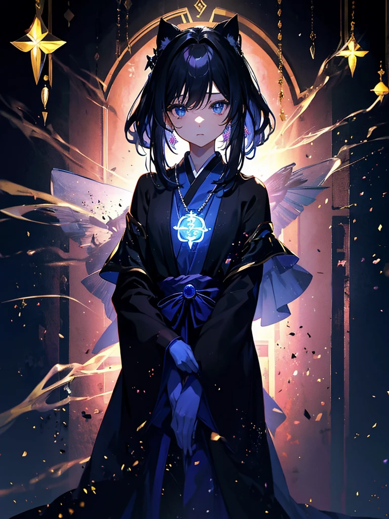 セクシーなドレスを着ています、???です、25-year-old girl、Rune background、black magician、Wearing a black robe、mesmerize、cute woman、Elegant hairstyle、indigo hair color、Slightly shorter hair、blue eyes、look at the viewer、masterpiece、Best image、