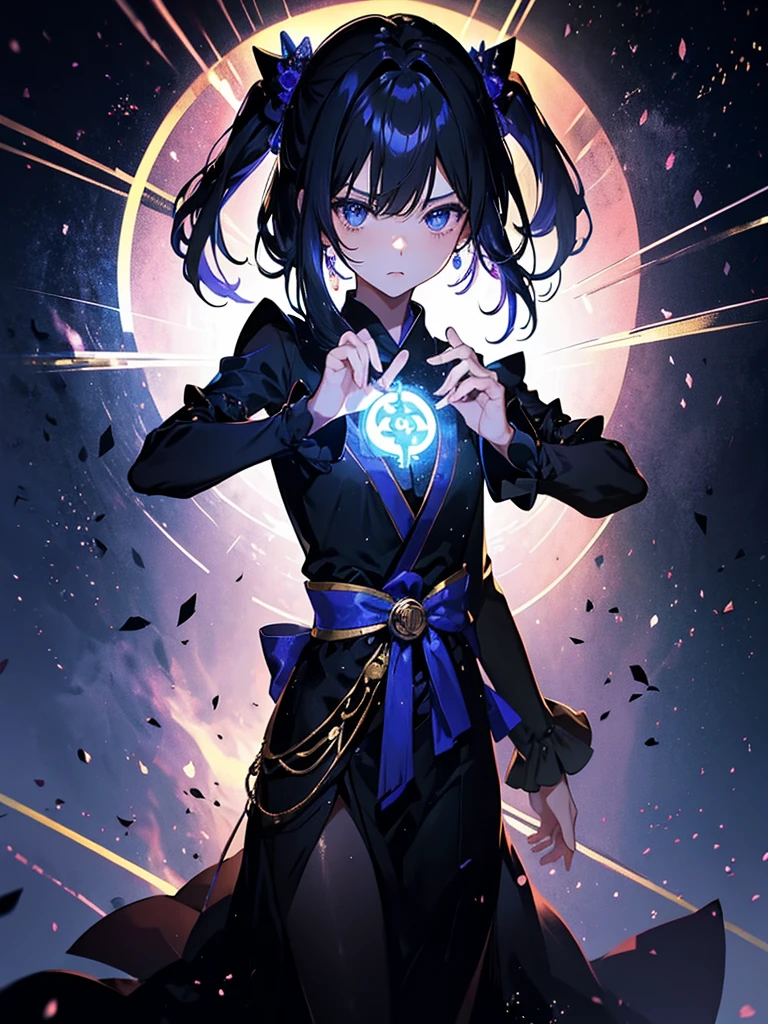 セクシーなドレスを着ています、エッチです、25-year-old girl、Rune background、black magician、Wearing a black robe、mesmerize、cute woman、Elegant hairstyle、indigo hair color、Slightly shorter hair、blue eyes、look at the viewer、masterpiece、Best image、