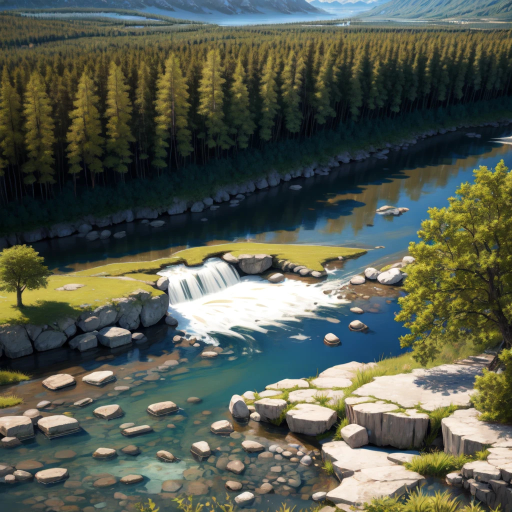 A river with large trees plus natural and natural three with clean water