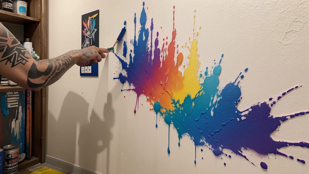 Create a scenario of a large wall painted with colorful paints simulating tattoos