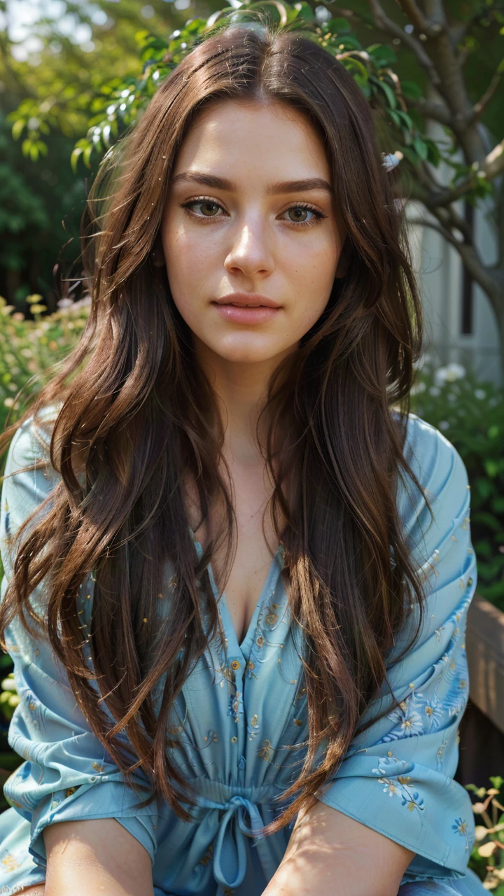 a detailed portrait of a girl with long, wavy brown hair, beautiful detailed eyes, beautiful detailed lips, extremely detailed face, longeyelashes, wearing a blue floral dress, sitting in a garden with lush greenery, colorful flowers, and sunlight streaming through the trees, (best quality,4k,8k,highres,masterpiece:1.2),ultra-detailed,(realistic,photorealistic,photo-realistic:1.37),cinematic lighting,vibrant colors,serene atmosphere,intricate details,natural setting