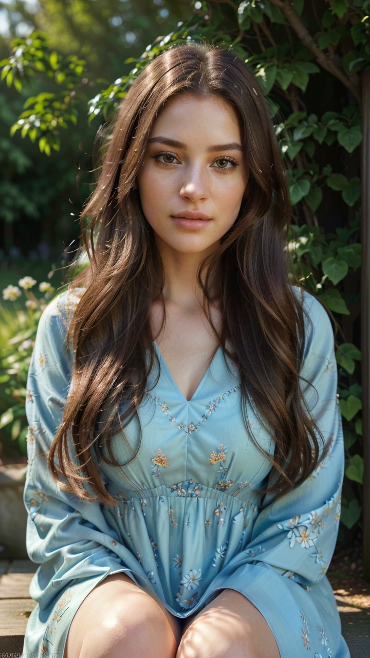 a detailed portrait of a girl with long, wavy brown hair, beautiful detailed eyes, beautiful detailed lips, extremely detailed face, longeyelashes, wearing a blue floral dress, sitting in a garden with lush greenery, colorful flowers, and sunlight streaming through the trees, (best quality,4k,8k,highres,masterpiece:1.2),ultra-detailed,(realistic,photorealistic,photo-realistic:1.37),cinematic lighting,vibrant colors,serene atmosphere,intricate details,natural setting