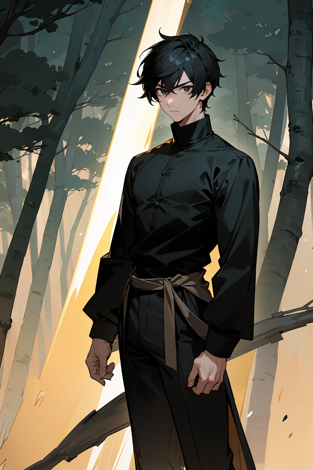 1male , Black Hair , Black Eyes , Serious Expression, Male , Black Longsleeve Shirt, Fitted Clothing , Black Turtleneck , Bright Lightning , Forest Background , Standing on path