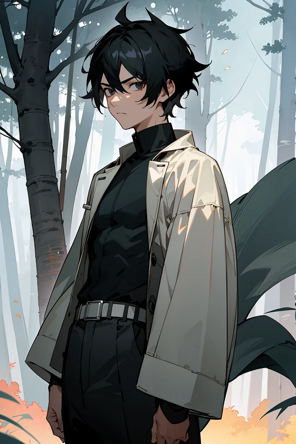 1male , Black Hair , Black Eyes , Serious Expression,  Male , Black Longsleeve Shirt, Fitted Clothing , Black Turtleneck , Bright Lightning , Forest Background , Standing on path 