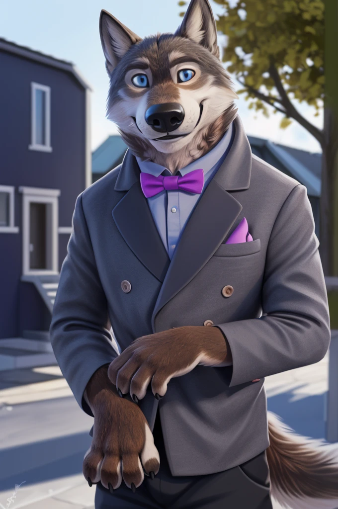 Larry (Zveropolis), wolf, Gray Fur, (brown body:1.3), beautiful blue eyes, Zveropolis, dressed,blazer,shirt bow tie,trousers, canine,wolf, detailed fur, male, second, paw pads, finger claws, viewer, 5 fingers, paws, 4 toes,holds, times, close to the camera,
BREAK from nextel, for dating, by xenoforge, (difficult, high detail,digital photography, soft focus, RAW, close to the camera, smile, positive, Good, mood, Houses, смотрит на viewer, очень close to the camera, goes on a date,
Photorealism, realistic, photorealistic,digital style, Subsurface scattering,очень close to the camera кольцо на пальце руки,father of his daughter,
masterpiece, Best quality, ultra realistic, 8 thousand.)