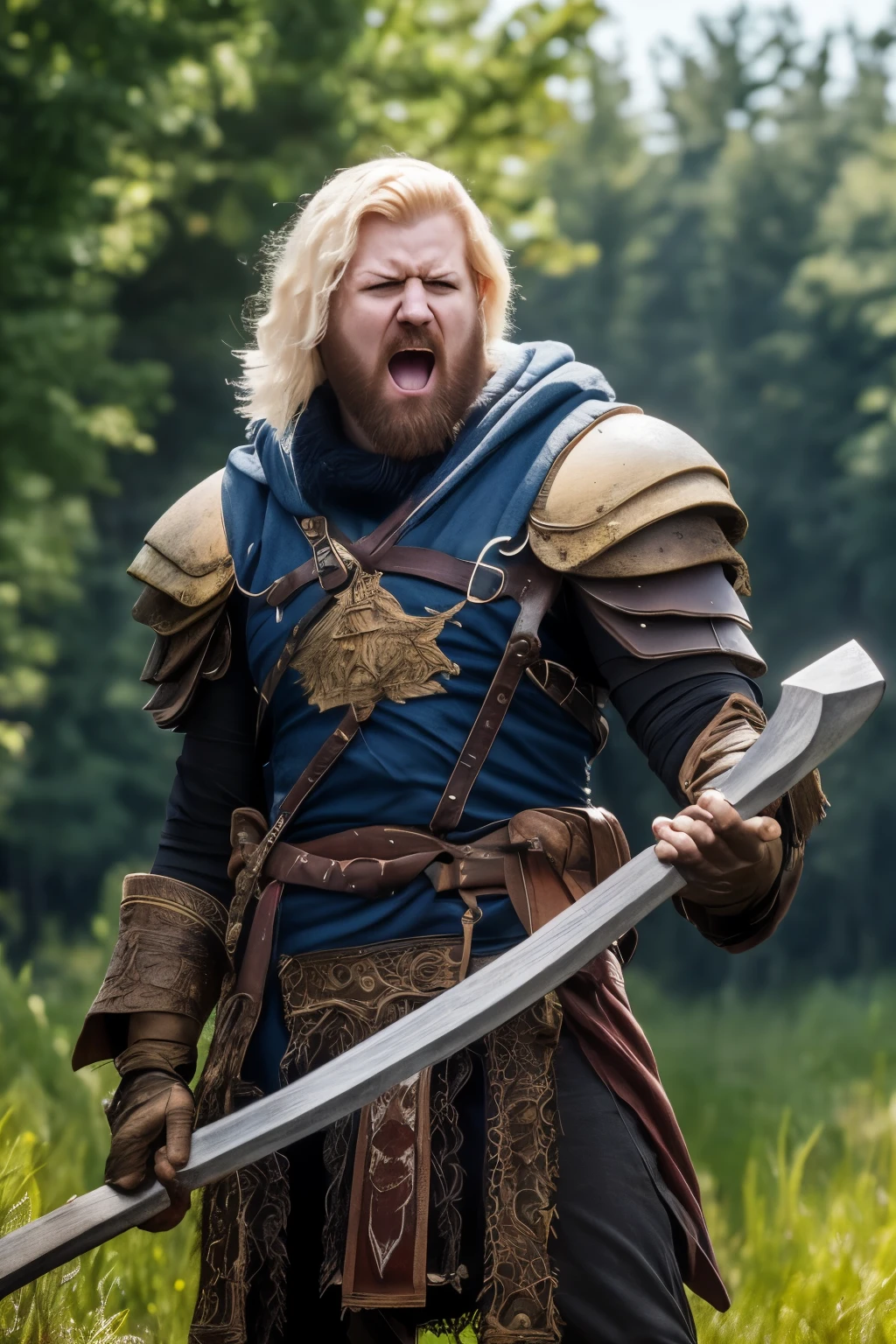 ((best qualityer)), man in a fantasy world inspired by dungeons and dragons, wielding ax with both hands, short black hair, angry expression, delivering an attack, Centered on image, blood flying and blood on your face, forest with blue sky in the background on a sunny day.