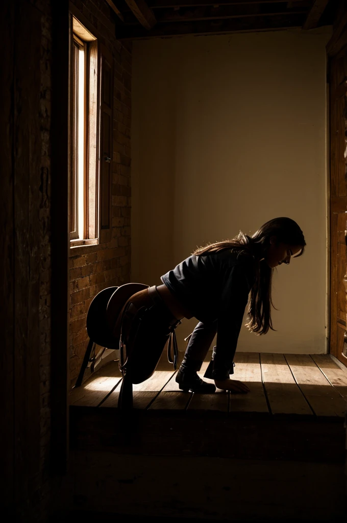 A girl sitting on her back in a saddle in a dark room