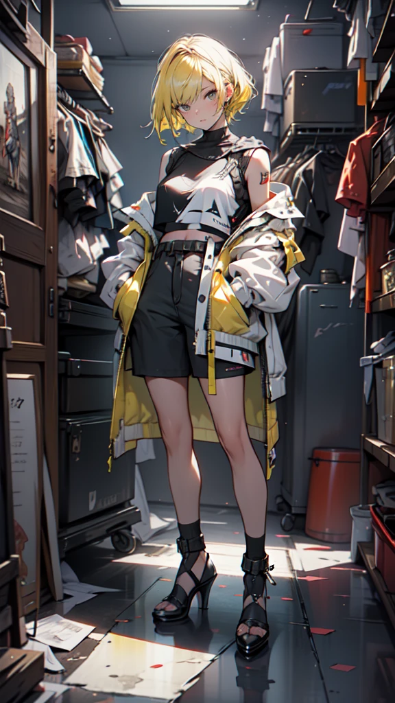 1 girl, short yellow hair, cyberpunk, Alice in Wonderland, black high heels, hand in pocket, best quality, 4k, 8k, highres, masterpiece:1.2, ultra-detailed, realistic, photorealistic, photo-realistic:1.37, HDR, UHD, studio lighting, ultra-fine painting, sharp focus, physically-based rendering, extreme detail description, professional, vivid colors, bokeh, concept art