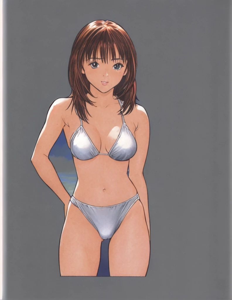 Iori is standing in a bikini with her legs spread to the sides, blushing, her mouth open, and making a fist pump.。