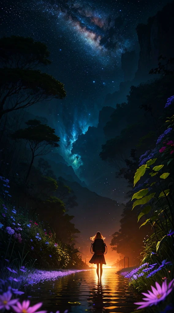 (((Elf dryad girl,covered with vines,leafs,fresh flowers))),glowing light,Colorful,((Best quality)), ((tmasterpiece)), (((giant glowing plant))),dances,Enhanced dynamic viewing angle,jungles,(((nighttime scene))),themoon,((The butterfly spreads its huge wings,shimmering under the moonlight,A river of stars flows in front of him)),Sparkling creek,(Adventurer backpack),(weeds),flowers blooming,(((adventurer clothing))),glowing effect,ultra - detailed,Works of masters,high high quality,8K resolution,depth of fieldovie Lighting,epic shooting,high high quality,ultra - detailed,Detailed pubic hair,Accurate,Movie Lighting