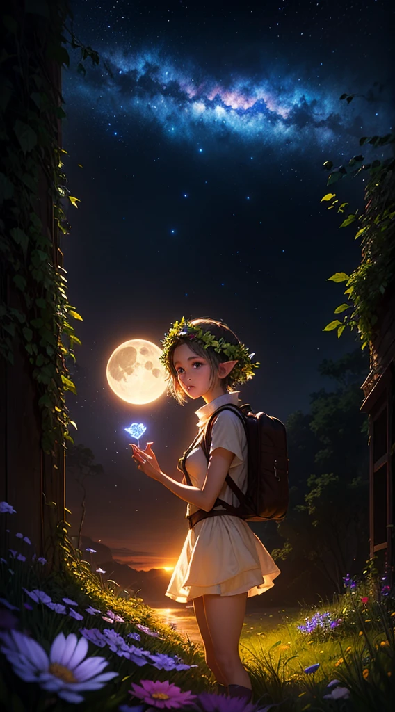 (((Elf dryad girl,covered with vines,leafs,fresh flowers))),glowing light,Colorful,((Best quality)), ((tmasterpiece)), (((giant glowing plant))),dances,Enhanced dynamic viewing angle,jungles,(((nighttime scene))),themoon,((The butterfly spreads its huge wings,shimmering under the moonlight,A river of stars flows in front of him)),Sparkling creek,(Adventurer backpack),(weeds),flowers blooming,(((adventurer clothing))),glowing effect,ultra - detailed,Works of masters,high high quality,8K resolution,depth of fieldovie Lighting,epic shooting,high high quality,ultra - detailed,Detailed pubic hair,Accurate,Movie Lighting