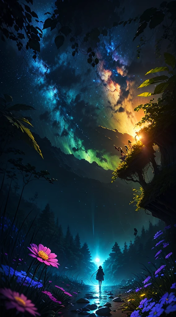 (((Elf dryad girl,covered with vines,leafs,fresh flowers))),glowing light,Colorful,((Best quality)), ((tmasterpiece)), (((giant glowing plant))),dances,Enhanced dynamic viewing angle,jungles,(((nighttime scene))),themoon,((The butterfly spreads its huge wings,shimmering under the moonlight,A river of stars flows in front of him)),Sparkling creek,(Adventurer backpack),(weeds),flowers blooming,(((adventurer clothing))),glowing effect,ultra - detailed,Works of masters,high high quality,8K resolution,depth of fieldovie Lighting,epic shooting,high high quality,ultra - detailed,Detailed pubic hair,Accurate,Movie Lighting