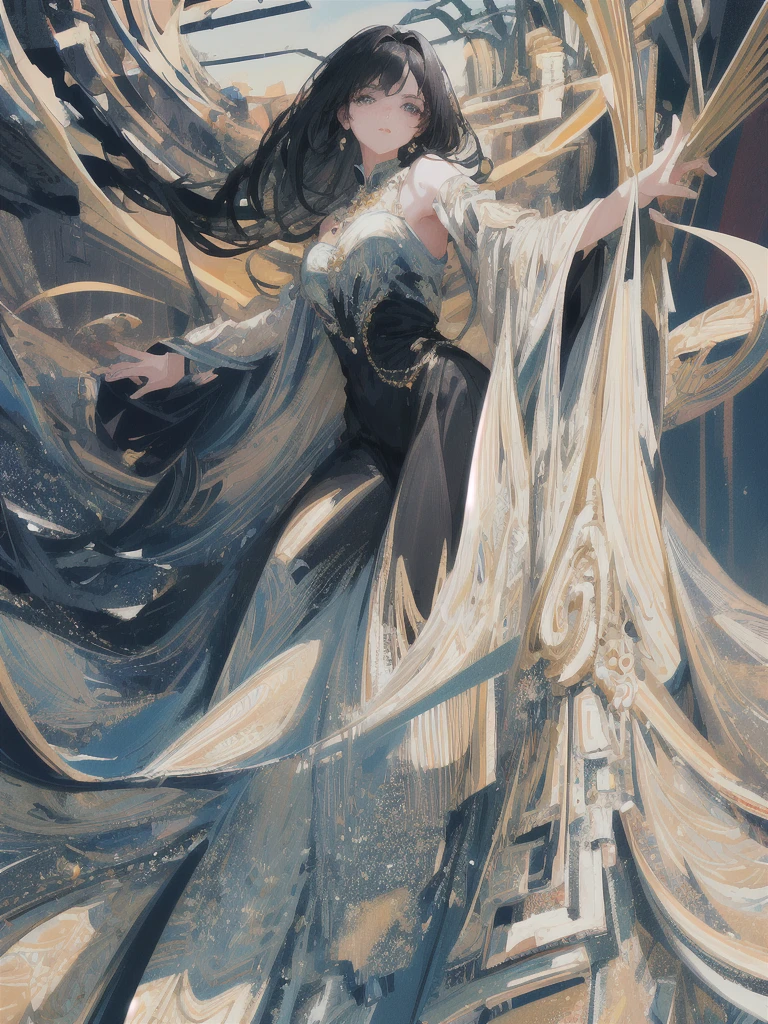 ((masterpiece, highest quality, Super detailed, High resolution)), alone, beautiful girl, shining eyes, perfect eyes, 15 years old, black white gold theme,