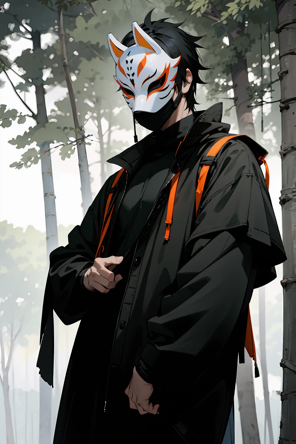 1male , Black Hair , Black Eyes , Serious Expression,  Male , Black Longsleeve Shirt, Fitted Clothing , Black Turtleneck , Bright Lightning , Forest Background , Standing on path , Mask , Mask Worn on Face