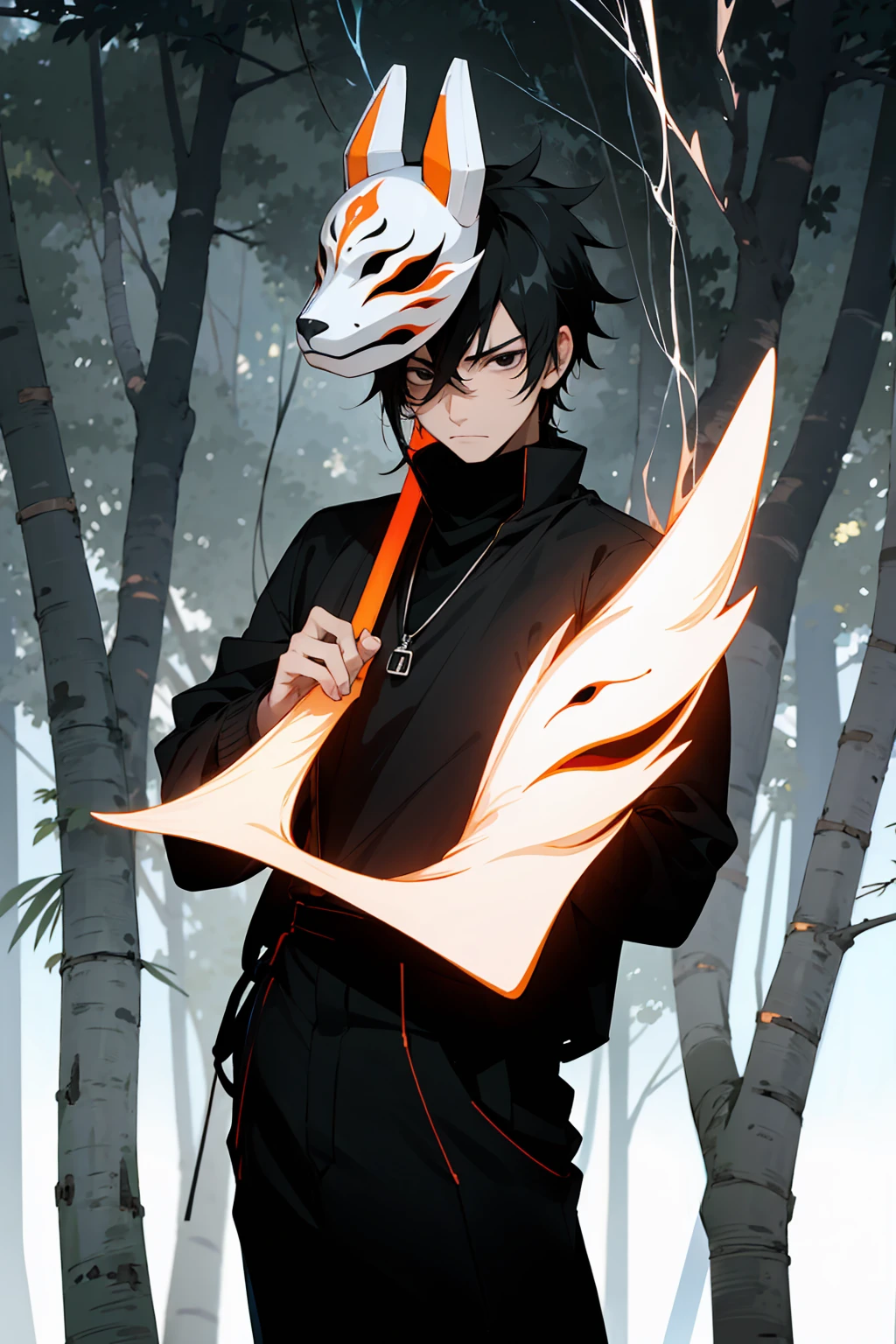 1male , Black Hair , Black Eyes , Serious Expression,  Male , Black Longsleeve Shirt, Fitted Clothing , Black Turtleneck , Bright Lightning , Forest Background , Standing on path , Mask , Mask Worn on Face