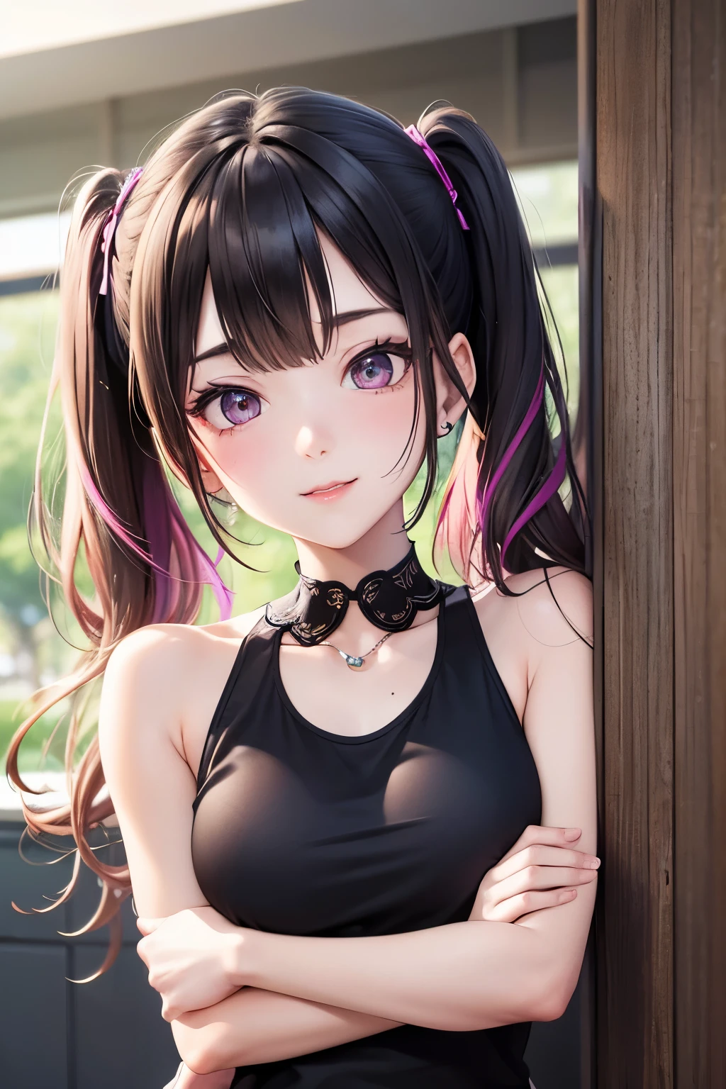 masterpiece, best quality, highly detailed, high resolution, expensive resolution, high resolution, 4k, 8k, uniform 8k wallpaper, highly detailed CG, masterpiece, 2d, 3d, beautiful details, depth, fine texture, best quality: 1.3, perfectly focused, crispy. skin, him, very cute anime girl, name is Mei, short twintails, idol, tank top, denim mini skirt, pink short twintails wearing expensive, mole under eye, looking at the viewer, expensive, blush, mole, parted lips, pink eyes, heart shaped choker, smiling face