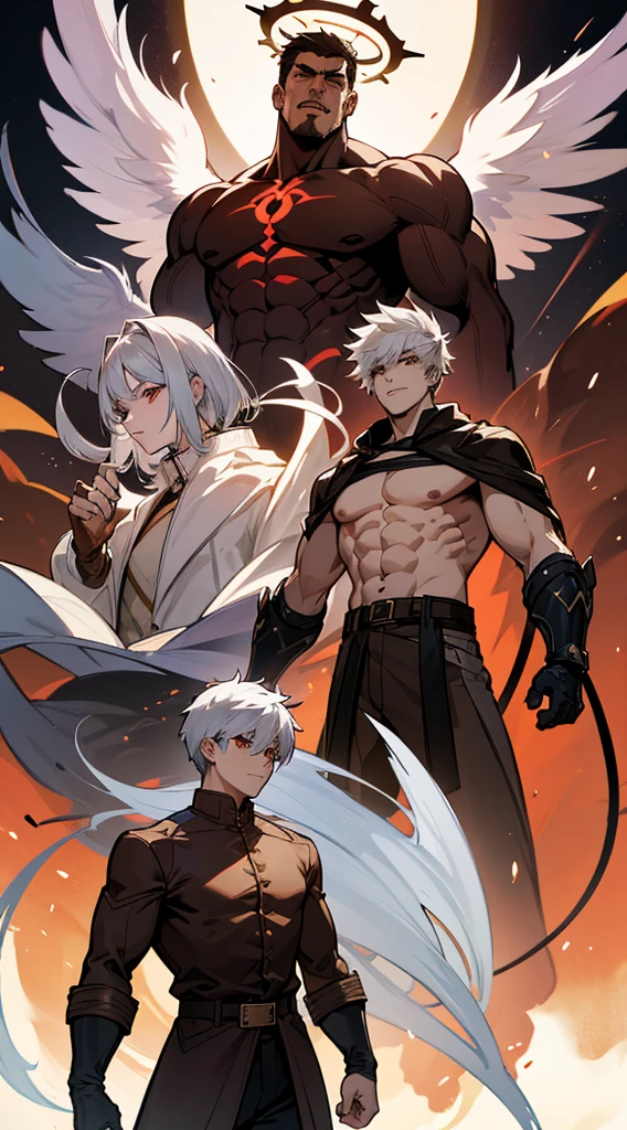 Character sheet, full body, various angles, character design, angel transformation, demon transformation and human transformation, from below, anime style, 4K, high quality, handsome man, white hair, very short hair, ((cut to crew cut: 1)), red eyes, fair skin, ((muscular: 1)), man, 28 years old, muscular, in good shape, muscular, barbarian race, many muscles, warrior, giant man. no shirt, gold details, brown leather shawl, loose gray pants, black and brown belts, black boots, brown gloves, many belts, red halo, halo behind the head, horns on the head, angel transformation, demonic transformation, three transformations , elemental power of light, elemental power of shadow, a seraphim of chaos, power of death, power of life.