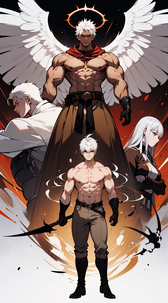 Character sheet, full body, various angles, character design, angel transformation, demon transformation and human transformation, from below, anime style, 4K, high quality, handsome man, white hair, very short hair, ((cut to crew cut: 1)), red eyes, fair skin, ((muscular: 1)), man, 28 years old, muscular, in good shape, muscular, barbarian race, many muscles, warrior, giant man. no shirt, gold details, brown leather shawl, loose gray pants, black and brown belts, black boots, brown gloves, many belts, red halo, halo behind the head, horns on the head, angel transformation, demonic transformation, three transformations , elemental power of light, elemental power of shadow, a seraphim of chaos, power of death, power of life.