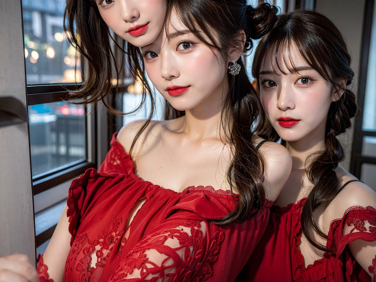 (masterpiece:1.3), (8K, Photorealistic, Raw photo, Best image quality: 1.4), Japanese supermodel women、30th Generation、(Random Hairstyles:1.2)、Cleavage:1.2、Super detailed face、Attention to detail、double eyelid、Put your chest together、Sharp focus:1.2、Beautiful woman:1.4、Light brown hair、Highest quality、masterpiece、Ultra-high resolution、(Photorealistic:1.4)、Highly detailed and professionally lit smile、A loose red lace dress、Off the shoulder、A simple, stylish room with a white base、Beautiful city view from the window