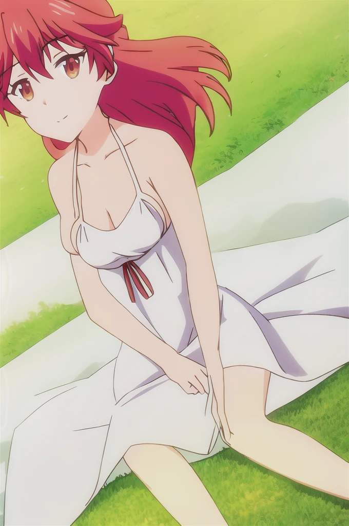 maria, 1girl, solo, long_hair, bangs, red_eyes, hair_between_eyes, medium_breasts, red_hair, white_dress, summer_dress, sitting_on_ground, flower_field, microbikini, breastsout, bare shoulder